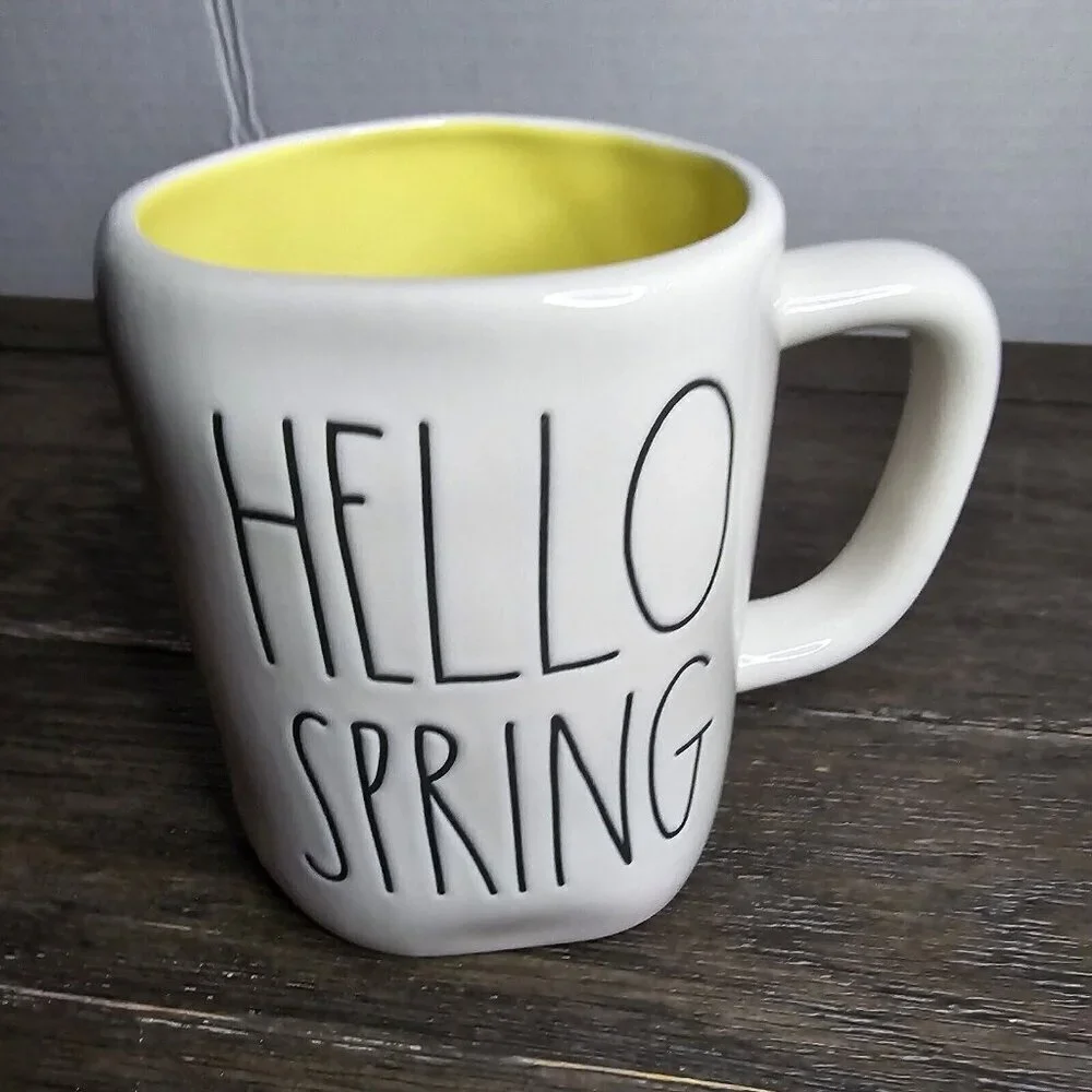 NWT Rae Dunn Artisan Hello Spring Mug Yellow Inside Magenta 2021 Farmhouse